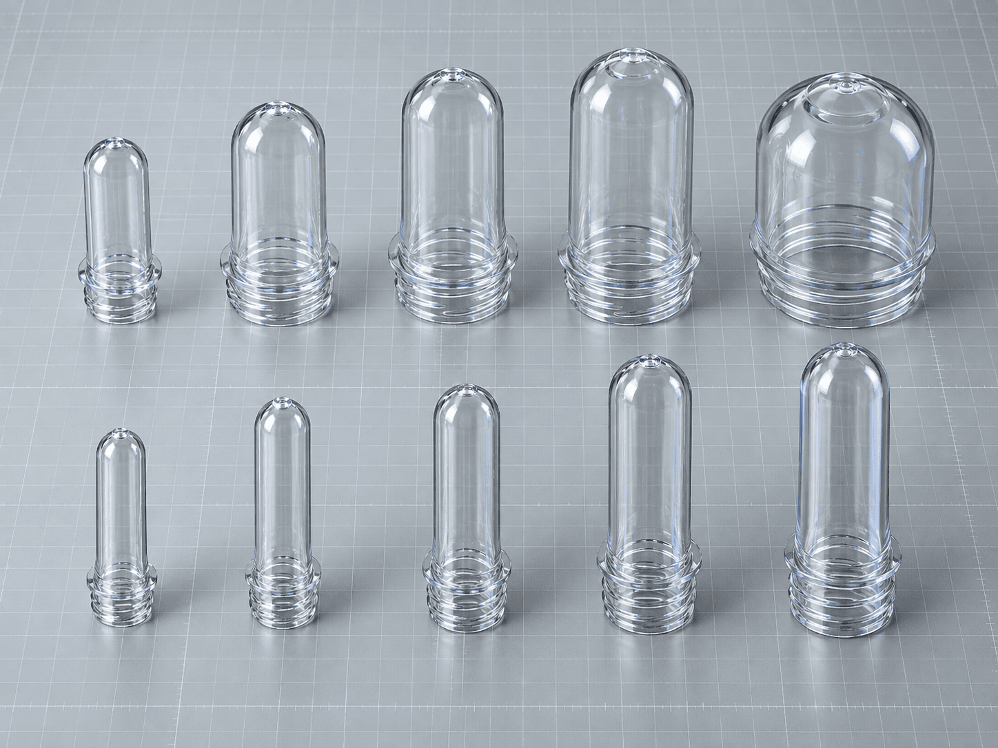 Organized range of clear bottle and jar preforms